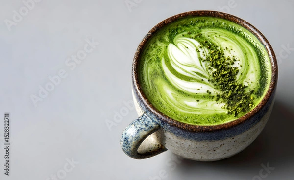Obraz Green matcha latte in a ceramic cup with intricate foam art, garnished with matcha powder, placed on a light gray surface, showcasing a modern beverage presentation