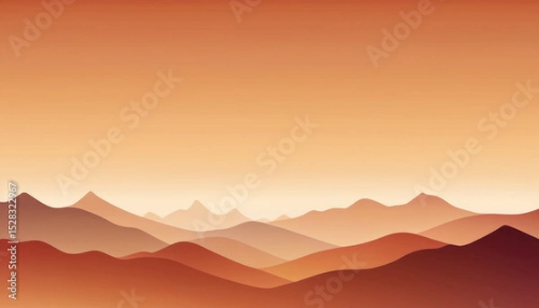 Fototapeta Minimalistic mountain landscape in warm gradient tones of orange and brown, abstract layered design. For backgrounds, nature themes, tranquil visuals, sunset-inspired compositions with calm atmosphere