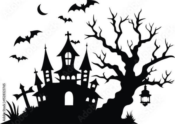 Fototapeta Silhouette of a haunted house with bats and a spooky tree on white