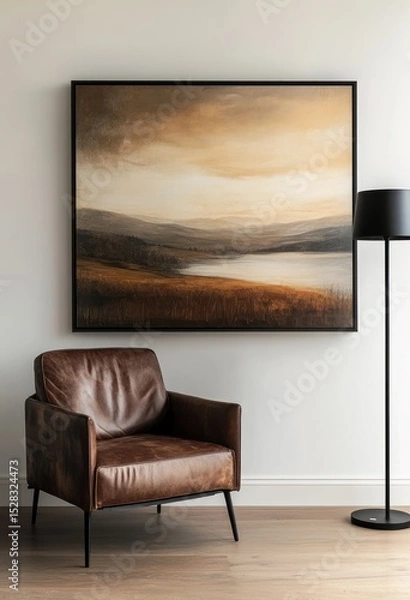 Fototapeta Landscape painting on wall, leather armchair