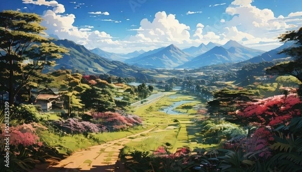 Obraz 「ジブリのようなアニメ風景｜美しい山と谷の幻想的な自然アート」

