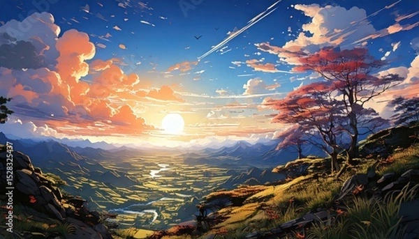 Obraz 「ジブリのようなアニメ風景｜美しい山と谷の幻想的な自然アート」

