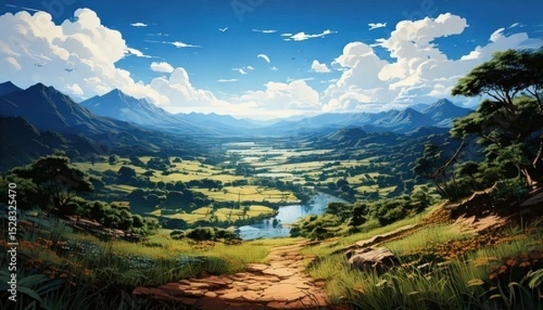 Obraz 「ジブリのようなアニメ風景｜美しい山と谷の幻想的な自然アート」

