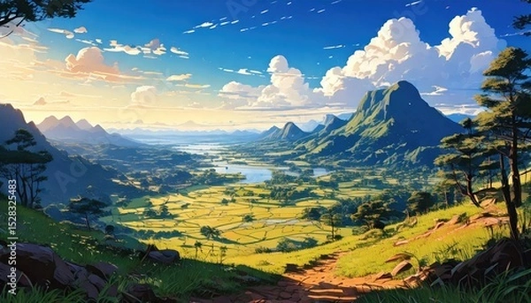 Obraz 「ジブリのようなアニメ風景｜美しい山と谷の幻想的な自然アート」

