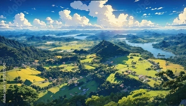 Obraz 「ジブリのようなアニメ風景｜美しい山と谷の幻想的な自然アート」

