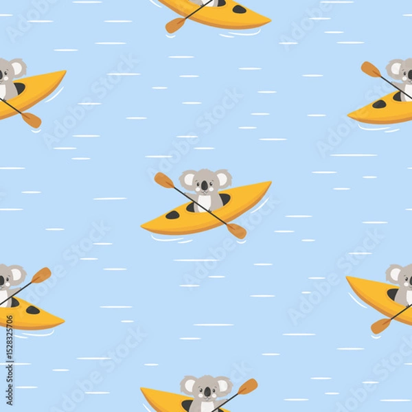 Obraz Cute koala swimming on yellow kayaks seamless pattern. Vector print for kids