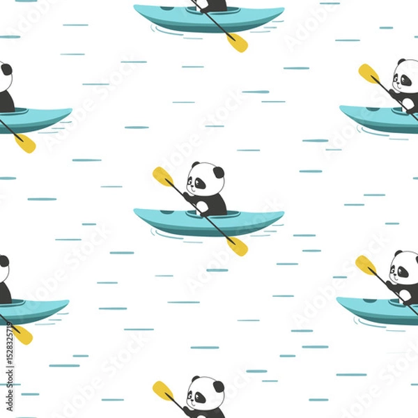 Obraz Cute panda bear swimming on kayak seamless pattern. Vector print for kids