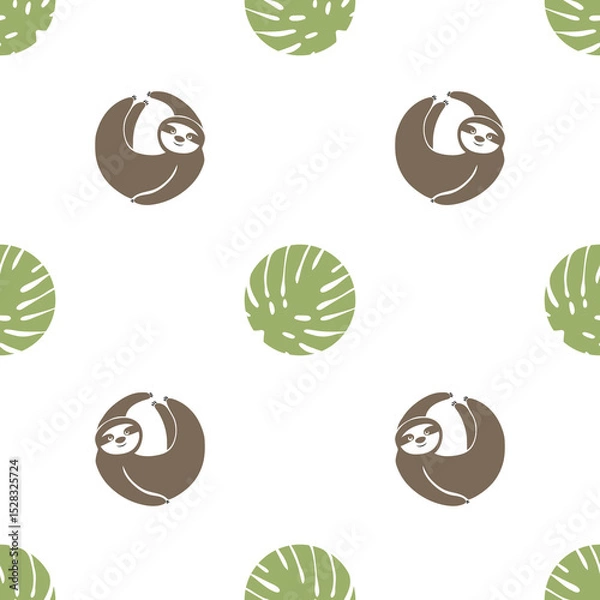 Obraz Polka dot print with cute sloth and tropical leaves. Seamless vector pattern