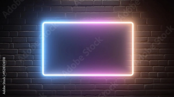 Obraz  Neon Rectangle Shines Against Dark Brick Wall Vibrant Light Creates Dramatic Empty Frame
