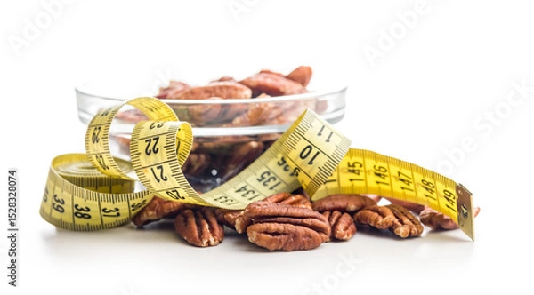 Fototapeta Peeled pecan nuts and measuring tape isolated on white background.