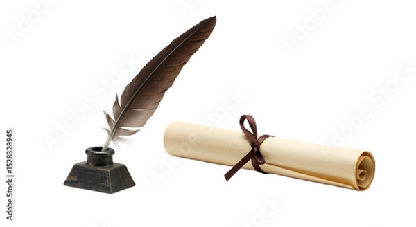 Obraz Elegant Quill Pen, Inkwell, and Rolled Parchment: A Vintage Writing Scene