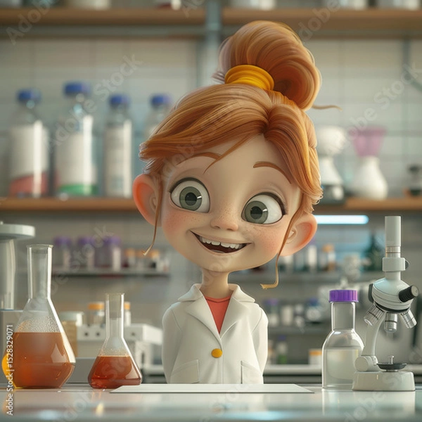 Fototapeta A 3D cartoon girl smiles in a lab filled with colorful beakers and flasks, sparking curiosity and fun in science. The cheerful scene blends learning, discovery, and playful exploration...