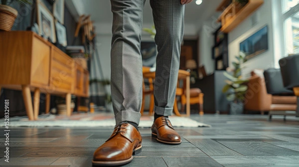 Fototapeta A male model in a sharp suit with leather shoes and a belt stands front-facing in a modern office, exuding style and professionalism in a sleek, corporate setting...