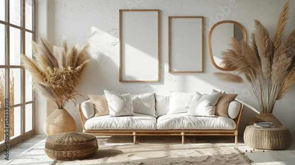 Fototapeta A light wooden shelf floats on a soft-toned wall, symbolizing serene minimalism. Surrounded by natural elements, it stands as a quiet focal point of earthy elegance and mindful living...