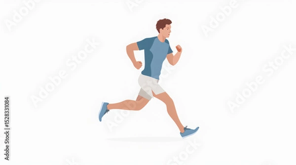 Fototapeta Minimalist vector art of a young man running in white shorts and blue tee, shown in 45° front view. Clean, flat colors on white background reflect energy and simplicity, perfect for a logo...