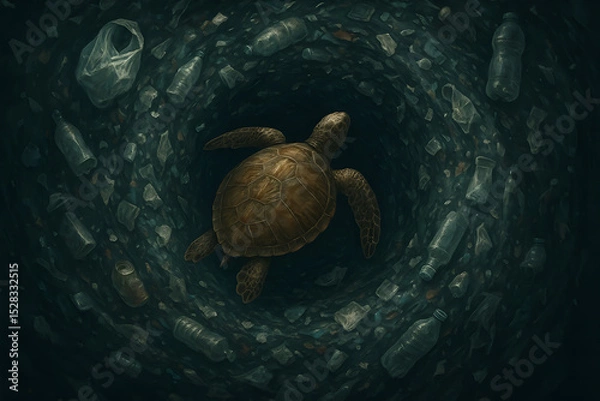 Fototapeta Sea Turtle in Plastic Vortex: A poignant illustration depicting a sea turtle trapped within a swirling vortex of plastic debris, highlighting the devastating impact of pollution on marine wildlife.