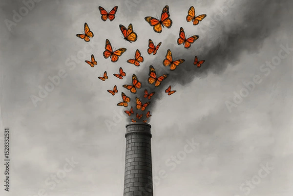 Fototapeta Butterflies and Smoke Stack: A poignant image depicting a swarm of monarch butterflies emerging from an industrial smokestack, symbolizing environmental fragility and the impact of pollution.