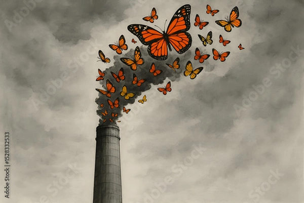 Fototapeta From Pollution to Hope: Colorful butterflies emerge from the smokestack, symbolizing environmental recovery and transition towards a brighter, sustainable future.