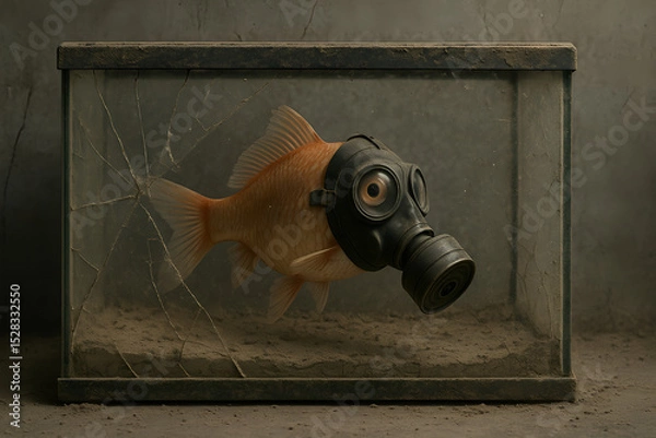 Fototapeta Goldfish in Distress: A goldfish, a symbol of resilience, navigates an environment compromised by an environmental crisis