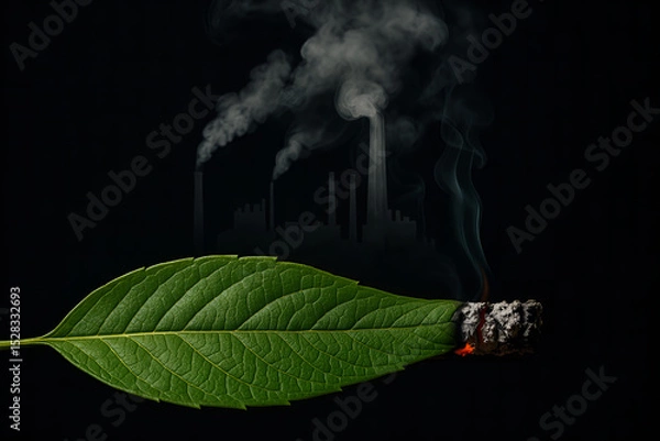 Fototapeta Ecological Alarm: A vibrant green leaf, delicately sculpted with intricate textures, smolders ominously against a shadowy industrial skyline, symbolizing environmental destruction. 