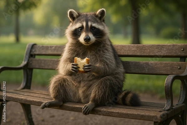 Fototapeta Raccoon's picnic on a bench: An endearing raccoon, enjoying a snack, sits calmly on a wooden bench. This charming image brings a moment of wildlife comfort in urban environment.