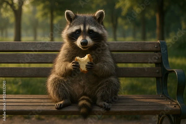Fototapeta Playful Bandit's Snack Time: A curious raccoon, with its distinctive masked face and bushy tail, enjoys a tasty snack while perched on a wooden bench in a park setting.