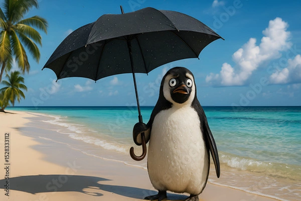 Fototapeta Penguin on Tropical Beach with Umbrella