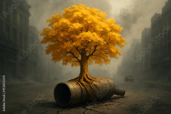 Fototapeta Golden-Leafed Tree Emerges from the Bottle: A solitary, golden-leafed tree sprouts triumphantly from a discarded bottle. The poignant image captures themes of renewal, resilience.