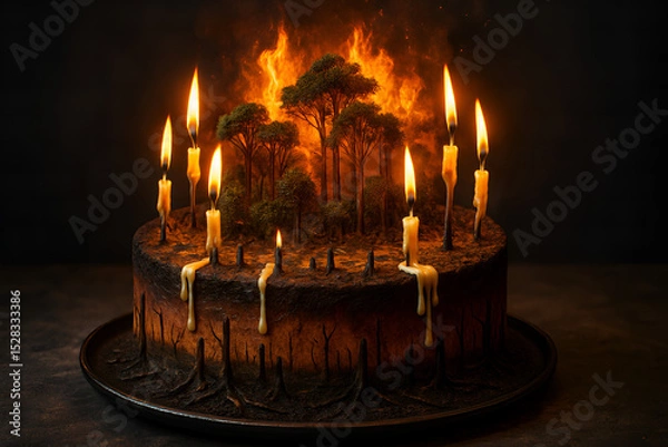 Fototapeta Burning forest cake concept: A surreal scene of a cake engulfed in flames with forest imagery, representing destruction.