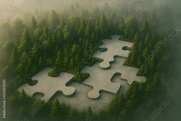 Fototapeta Forest Puzzle: A misty forest landscape features a large jigsaw puzzle pieces, symbolizing environmental conservation and interconnectedness. 