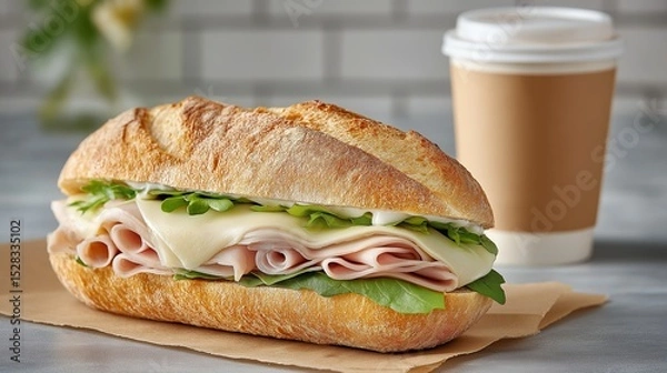 Obraz Delicious Sandwich And Coffee Create Perfect Lunchtime Fresh Ham Sandwich With Hot Beverage