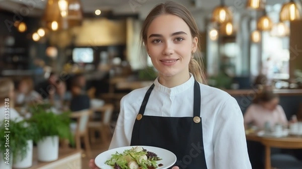 Obraz Waitress Presents Fresh Healthy Food Offering Smiling Server Carries Delicious Meal In Restaurant