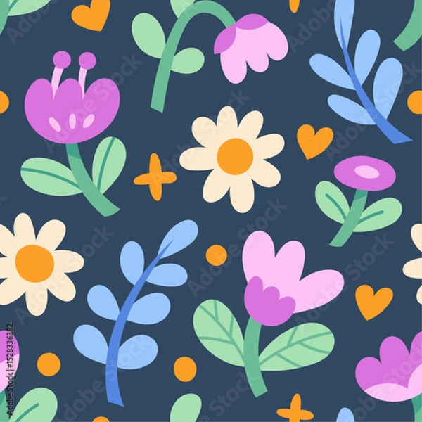 Obraz Cute seamless pattern with flowers and abstract botanical elements. Vector hand drawn floral background for textile, fabric, print or wallpaper.