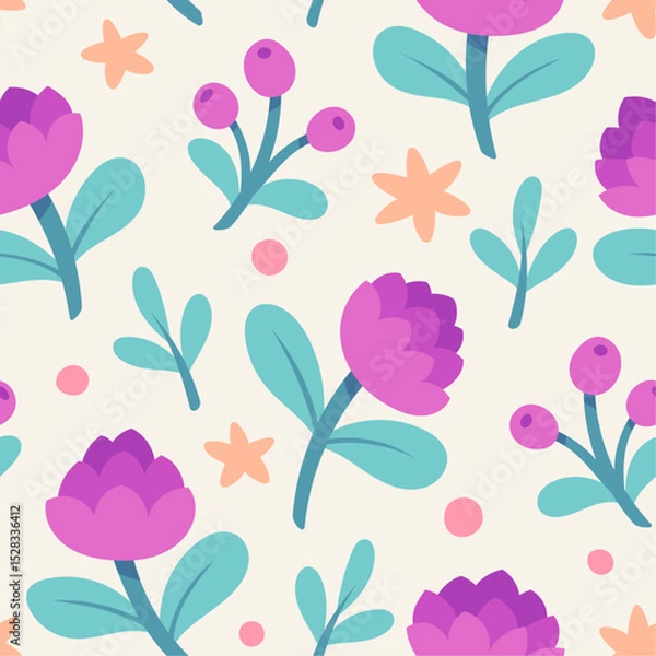 Obraz Vector cute floral seamless pattern. Botanical delicate background with flowers and abstract stars elements.