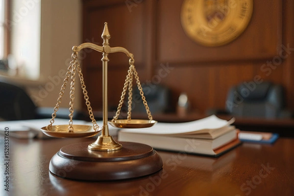 Fototapeta low angle close up of legal scales placed on a courtroom desk with shallow depth of field.