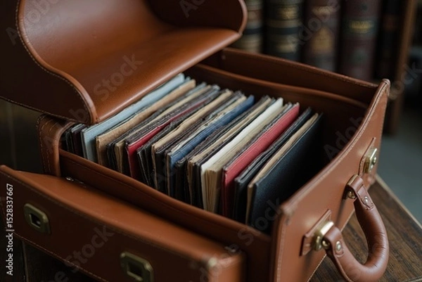 Fototapeta zoom in on the cover of a leather briefcase being opened with legal folders inside, no face shown.