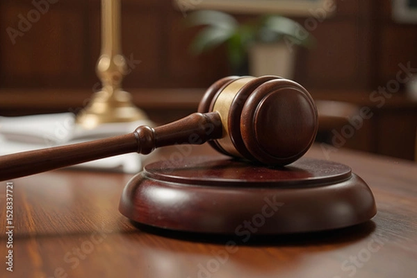 Fototapeta close up of a gavel being picked up from its base in preparation for a hearing.