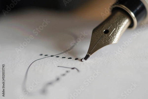Fototapeta tight close up on a fountain pen tip as it touches a dotted signature line.