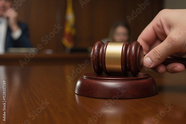 Fototapeta close up of a gavel being picked up from its base in preparation for a hearing.