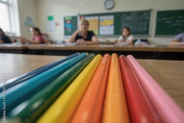 Fototapeta close up of colored pencils arranged neatly on a wooden table in a classroom.