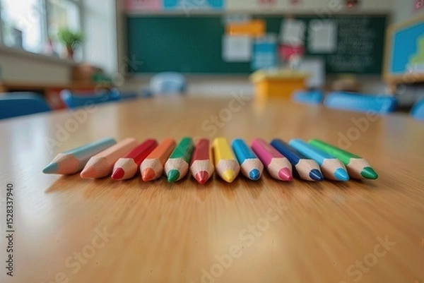Fototapeta close up of colored pencils arranged neatly on a wooden table in a classroom.