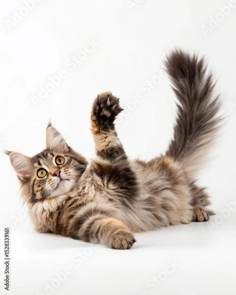 Fototapeta Playful maine coon cat lying on its back with paws in the air and fluffy tail curled indoor living room setting pet photography cozy home environment.