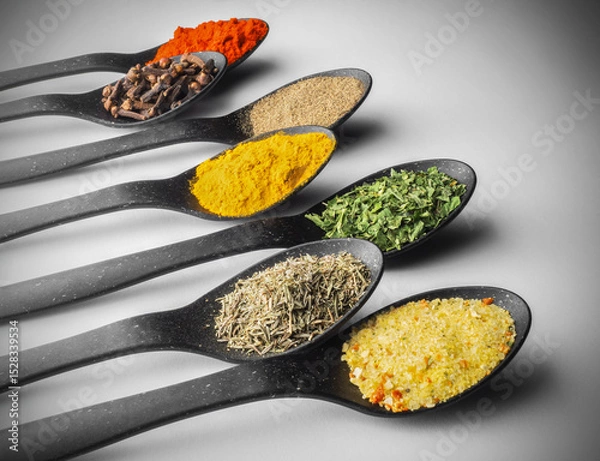 Fototapeta Assorted colorful spices on black spoons close-up