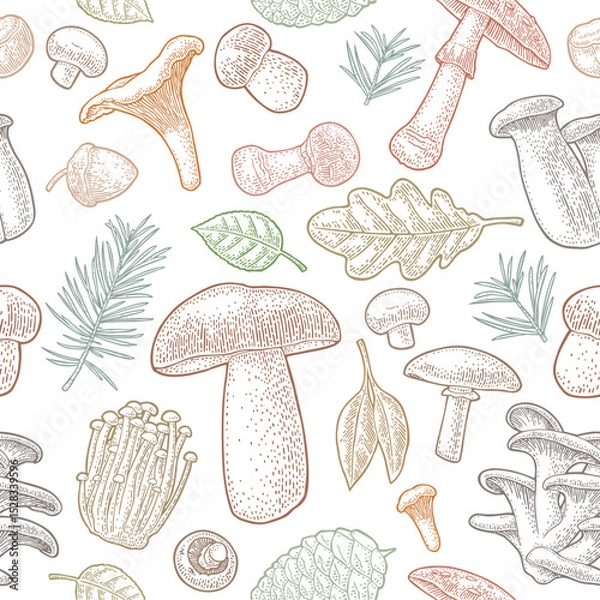 Fototapeta Seamless pattern mushroom. Vintage vector engraving color illustration. Isolated on white
