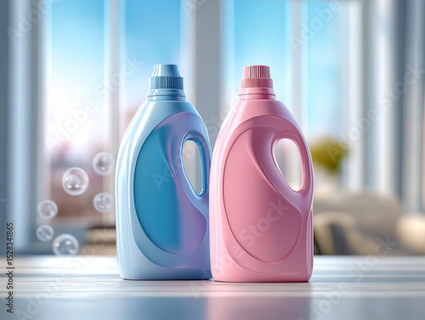 Fototapeta Two plastic containers with laundry detergent stand in a room on a window against the sky
