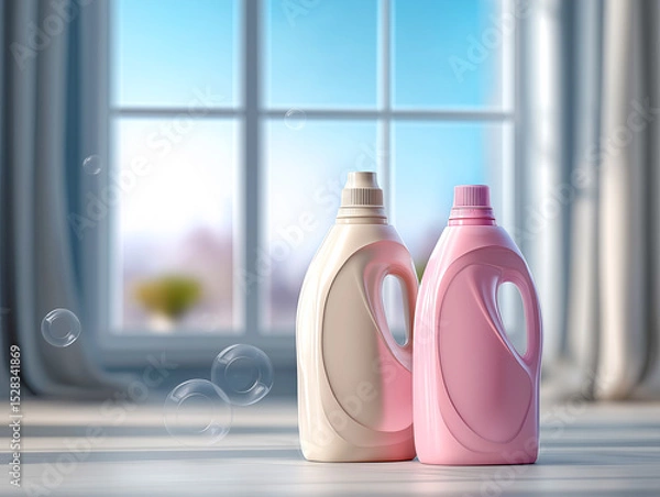 Fototapeta Two plastic containers with laundry detergent stand in a room on a window against the sky
