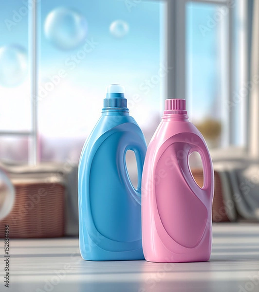 Fototapeta Two plastic containers with laundry detergent stand in a room on a window against the sky