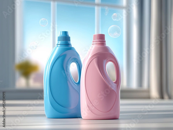 Fototapeta Two plastic containers with laundry detergent stand in a room on a window against the sky