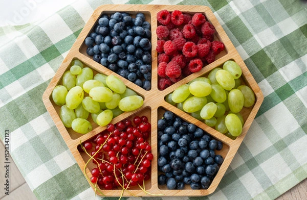 Obraz Assorted fresh berries and grapes arranged in hexagonal wooden serving tray on green checkered tablecloth. Colorful mix of blueberries, raspberries, red currants and green grapes for healthy eating.
