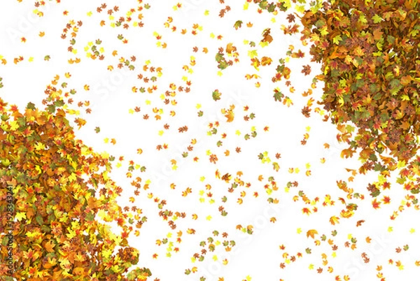 Obraz A frame made of two piles of autumn maple leaves, yellow mixed with green, and loose leaves in between. 3D illustration on transparent background.